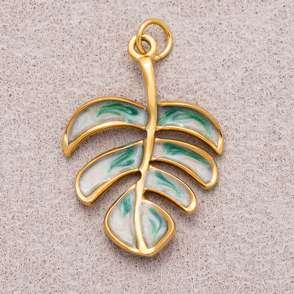 Gold PVD Stainless Steel Green Enamel Tropical Palm Tree Leaf Monstera Charm