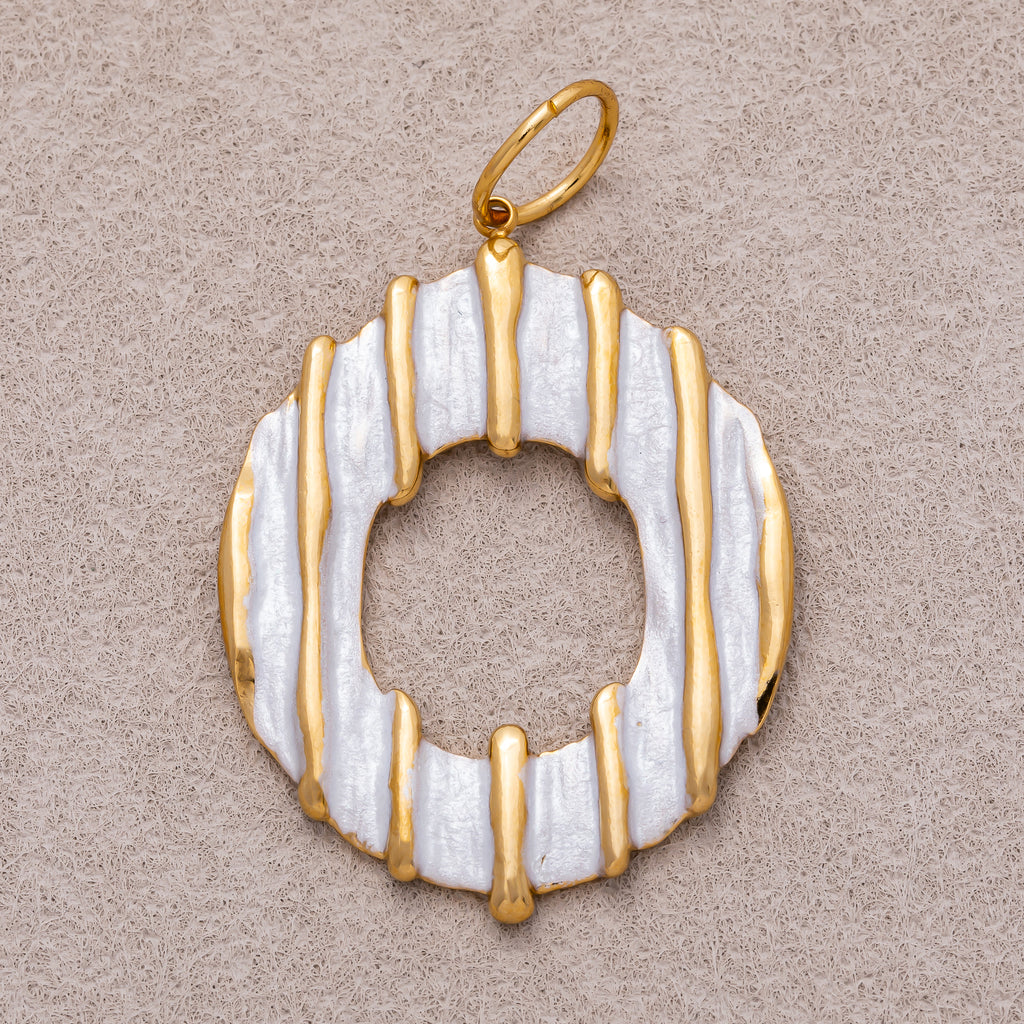 Gold PVD Stainless Steel Mother of Pearl Ribbed Round Open Charm