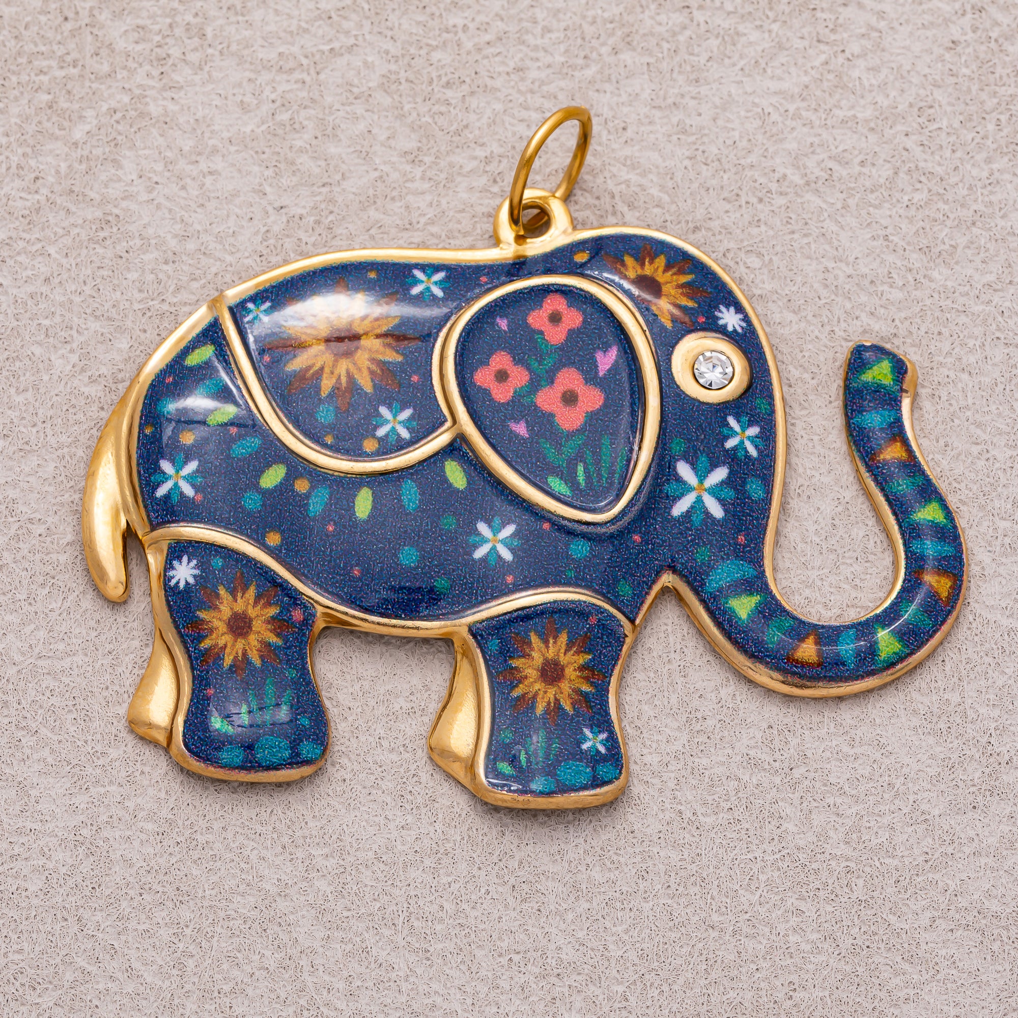 Gold PVD Stainless Steel Blue Flower Enamel CZ Elephant Statement Charm