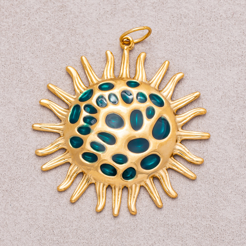 Gold PVD Stainless Steel Green Red Radiant Sunburst Enamel Pendant
