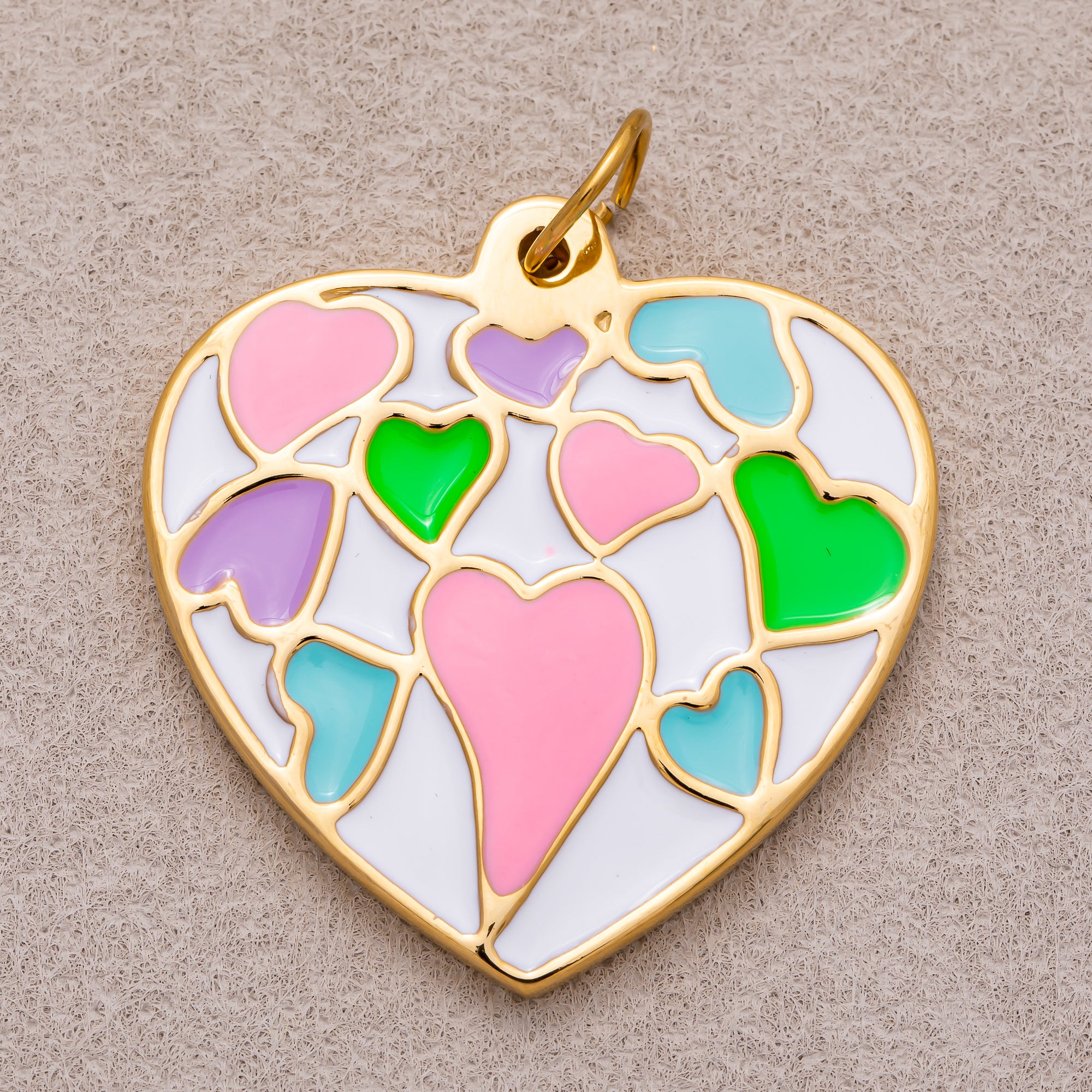 Gold PVD Stainless Steel Multi Color Mosaic Heart Enamel Pendant