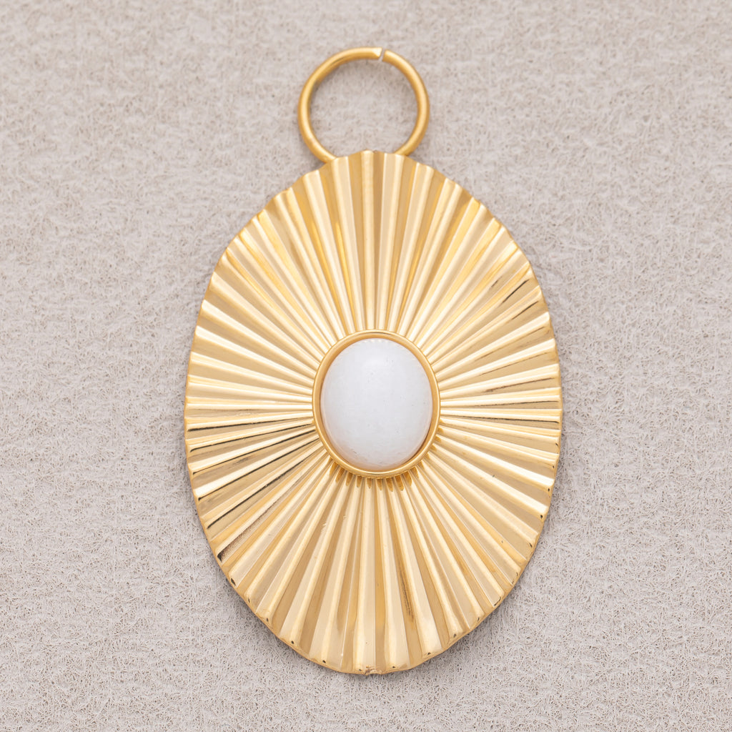 Gold PVD Stainless Steel White Quartz Oval Sunburst Pendant