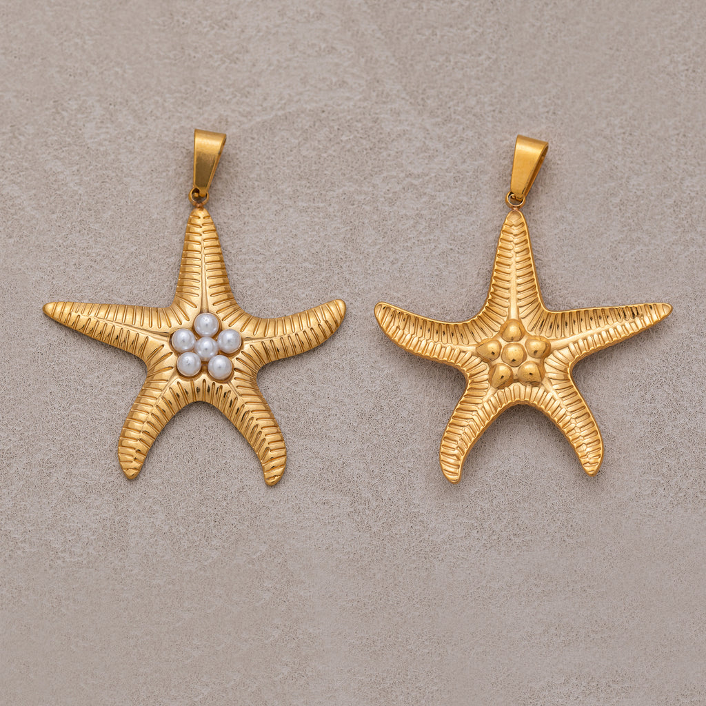 Gold PVD Stainless Steel Shell Pearl Ocean Starfish Ribbed Pendant