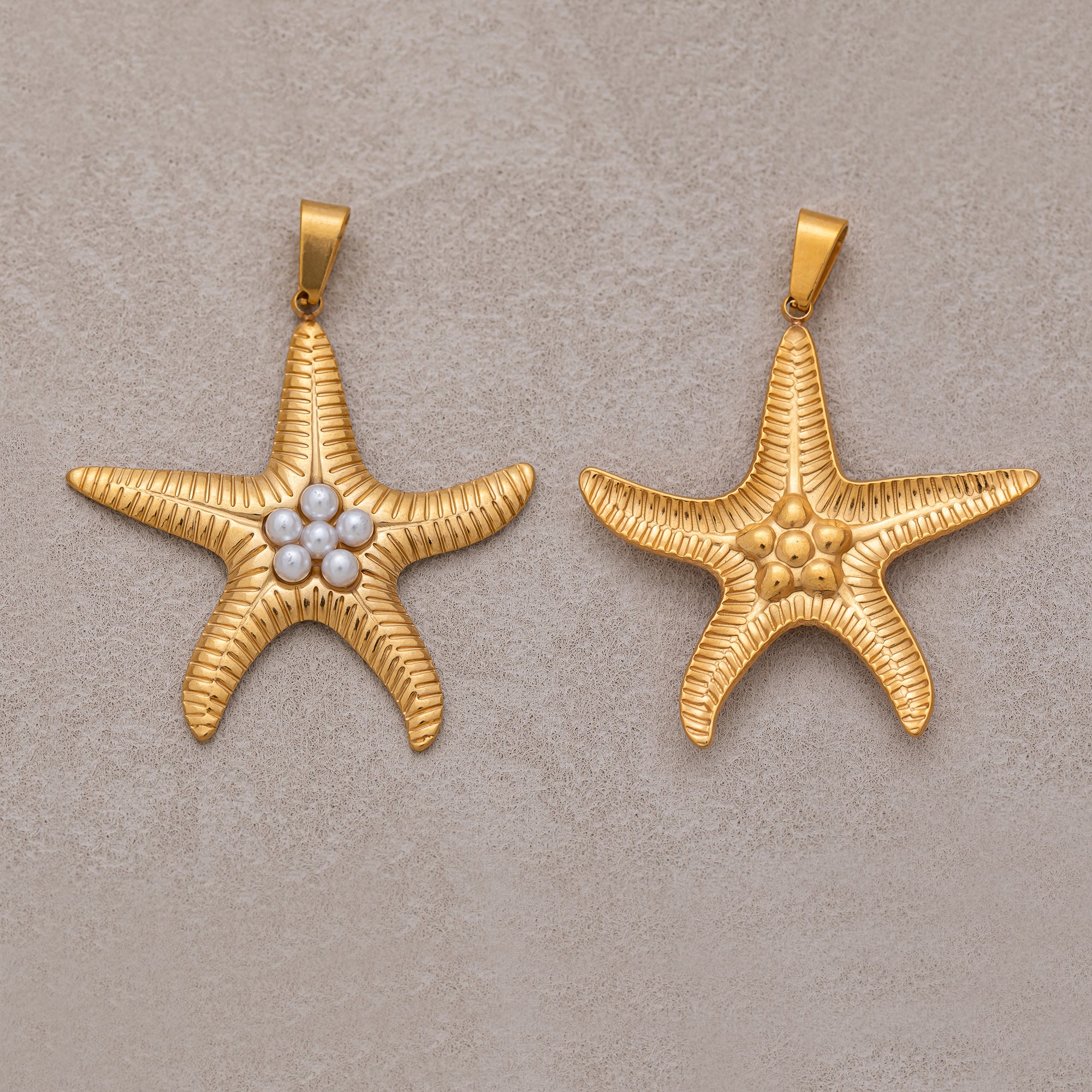 Gold PVD Stainless Steel Shell Pearl Ocean Starfish Ribbed Pendant