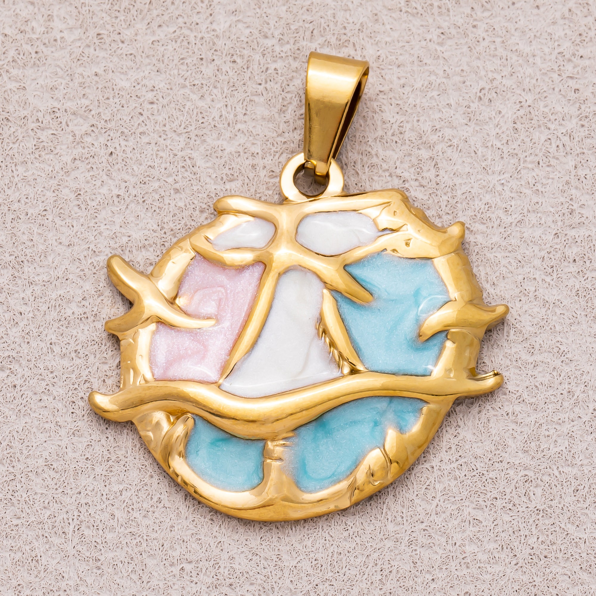 Gold PVD Stainless Steel Blue White Pink Enamel Art Under the Sea Coral Pendant