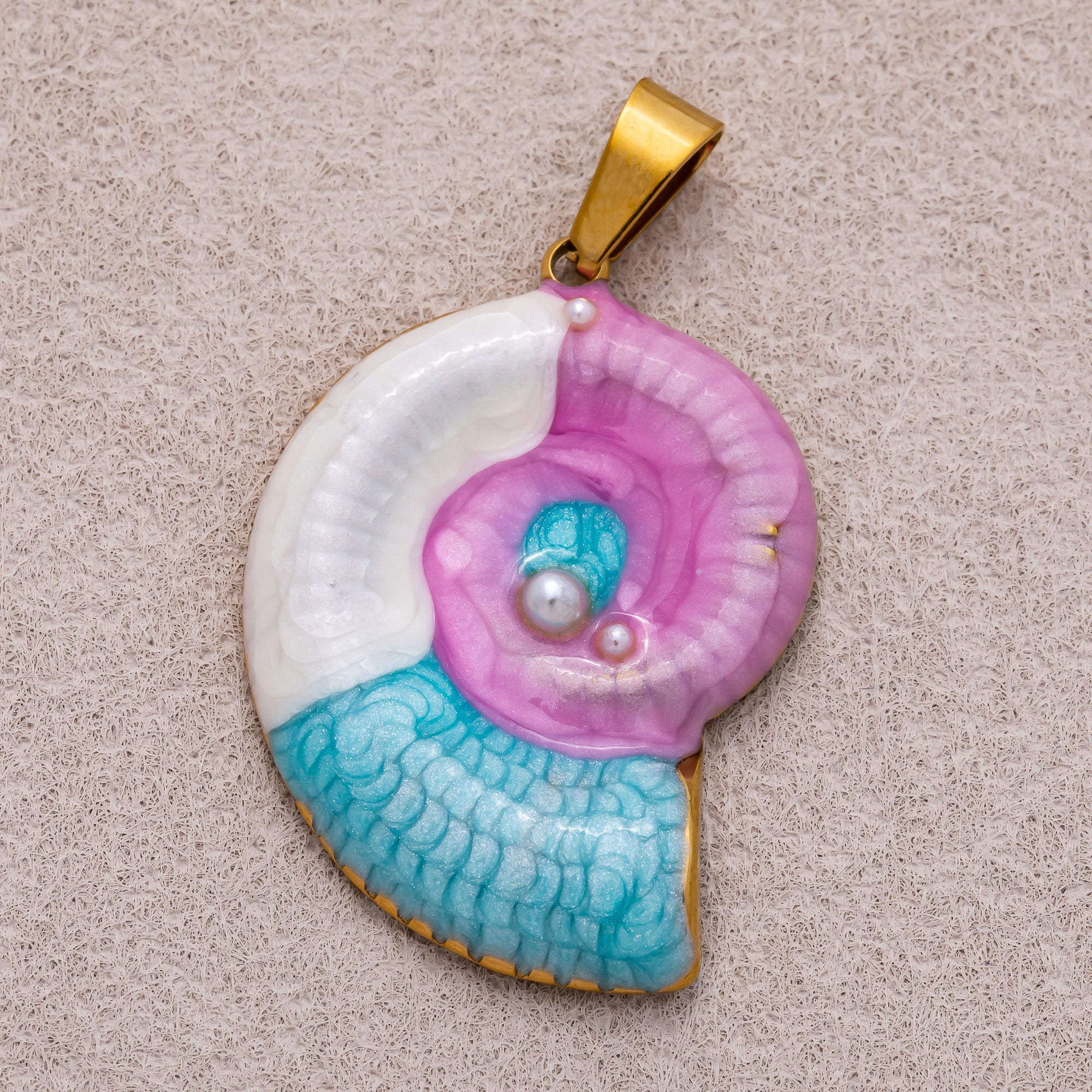 Gold PVD Stainless Steel Blue & Purple Enamel Art Nautical Ammonite Shell Pendant