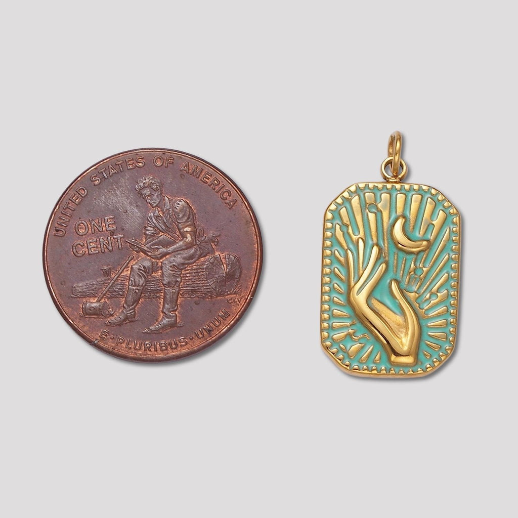 Launch Promo: 14K Gold PVD Stainless Steel Turquoise Celestial Hand & Moon Rectangular Medallion Pendant | Sold Each