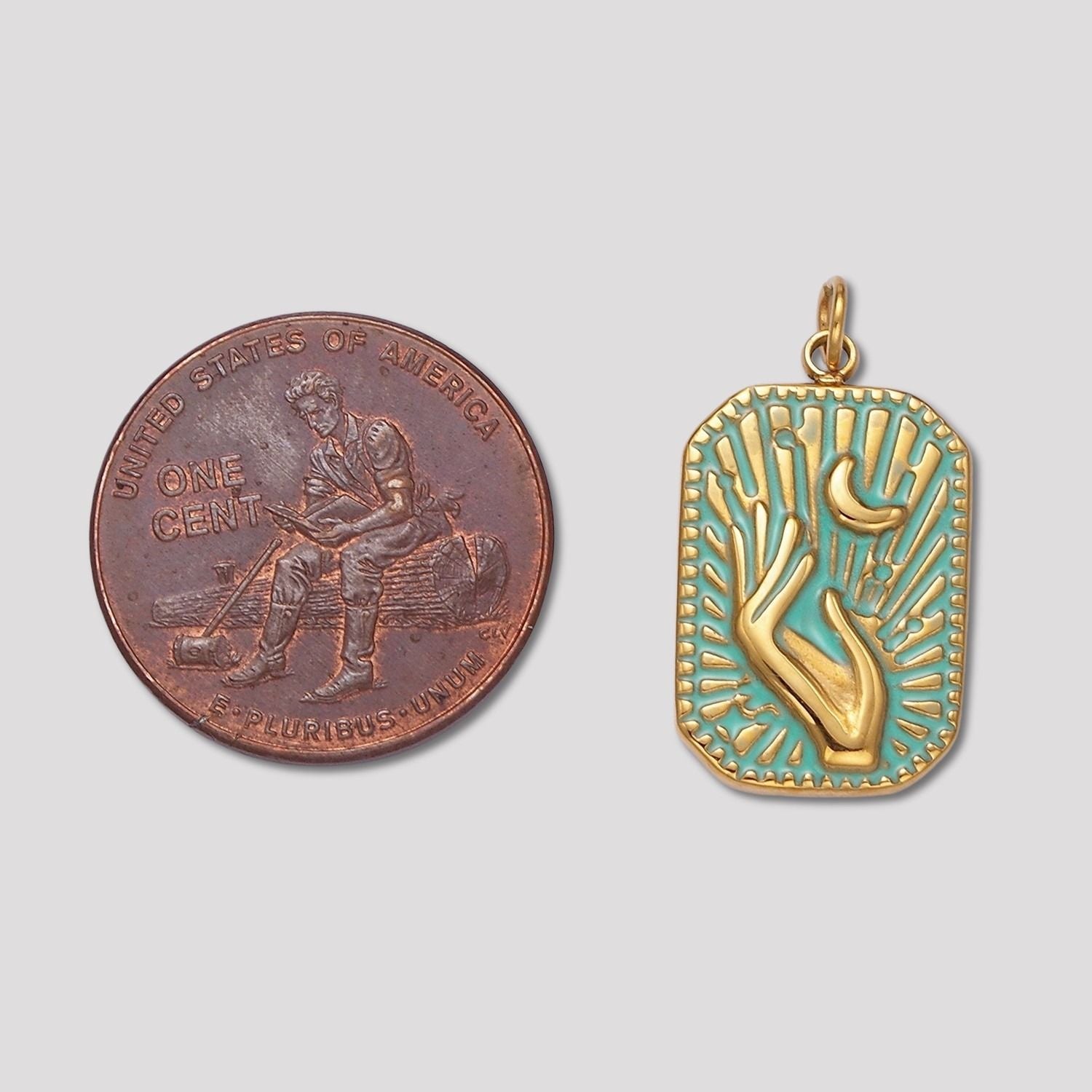 Launch Promo: 14K Gold PVD Stainless Steel Turquoise Celestial Hand & Moon Rectangular Medallion Pendant | Sold Each