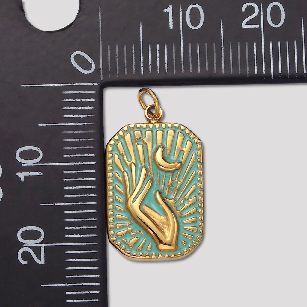 Launch Promo: 14K Gold PVD Stainless Steel Turquoise Celestial Hand & Moon Rectangular Medallion Pendant | Sold Each