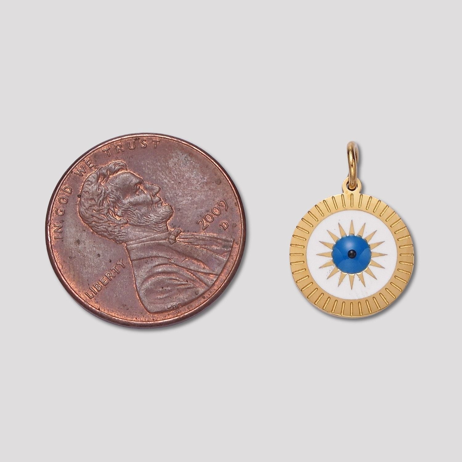 Launch Promo: 14K Gold PVD Stainless Steel White Blue Evil Eye Sunburst Medallion Enamel Charm | Sold Each