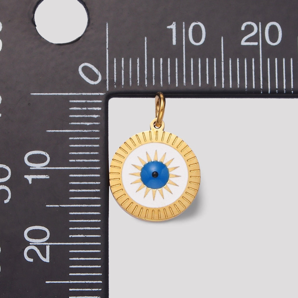Launch Promo: 14K Gold PVD Stainless Steel White Blue Evil Eye Sunburst Medallion Enamel Charm | Sold Each