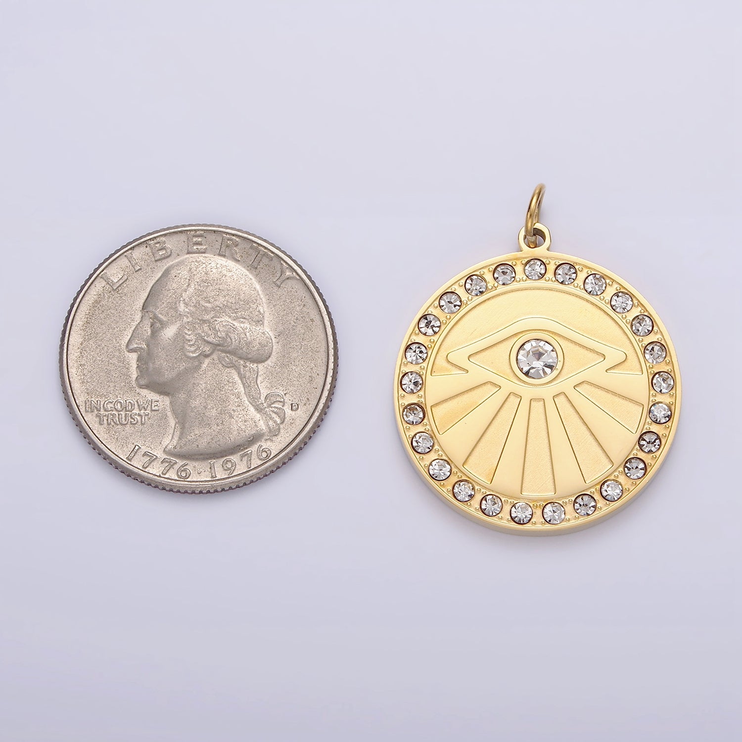 Launch Promo: 14K Gold PVD Stainless Steel Micro Paved CZ Round Bezel Sunburst Evil Eye Charm | Sold Each