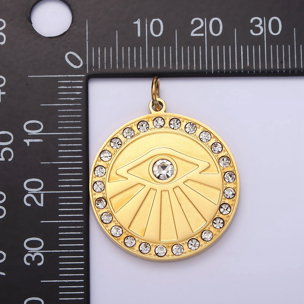 Launch Promo: 14K Gold PVD Stainless Steel Micro Paved CZ Round Bezel Sunburst Evil Eye Charm | Sold Each