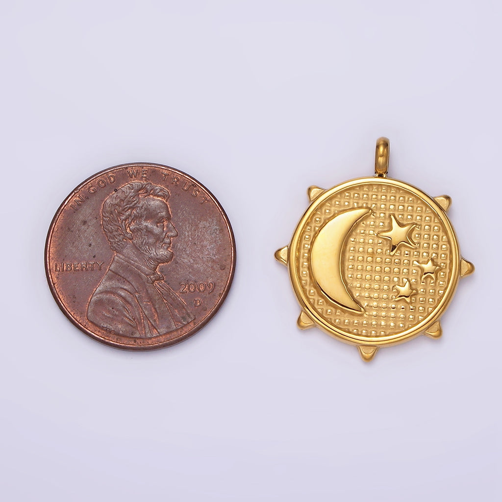 Launch Promo: 14K Gold PVD Stainless Steel Vintage Textured Celestial Moon & Stars Medallion Charm | Sold Each