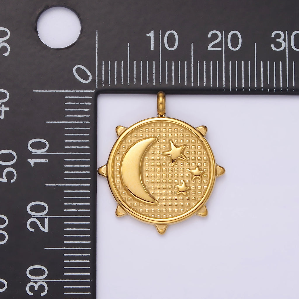 Launch Promo: 14K Gold PVD Stainless Steel Vintage Textured Celestial Moon & Stars Medallion Charm | Sold Each