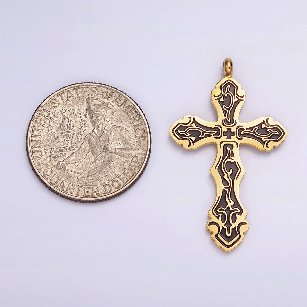 Launch Promo: 24K Gold PVD Stainless Steel Gothic Black Enamel Cross Pendant | Sold Each