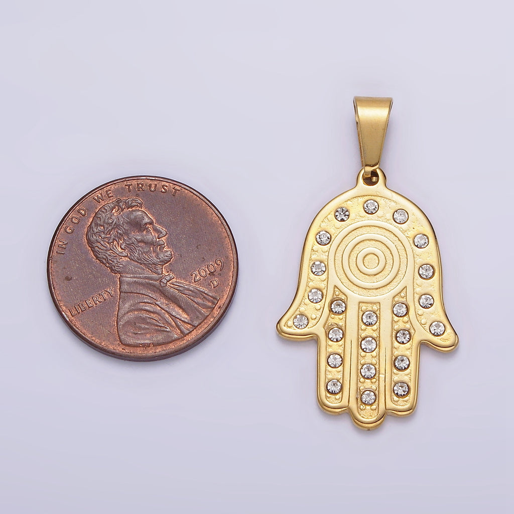 Launch Promo: 24K Gold PVD Stainless Steel Micro Paved Hamsa Hand Protection Pendant in Gold & Silver | Sold Each
