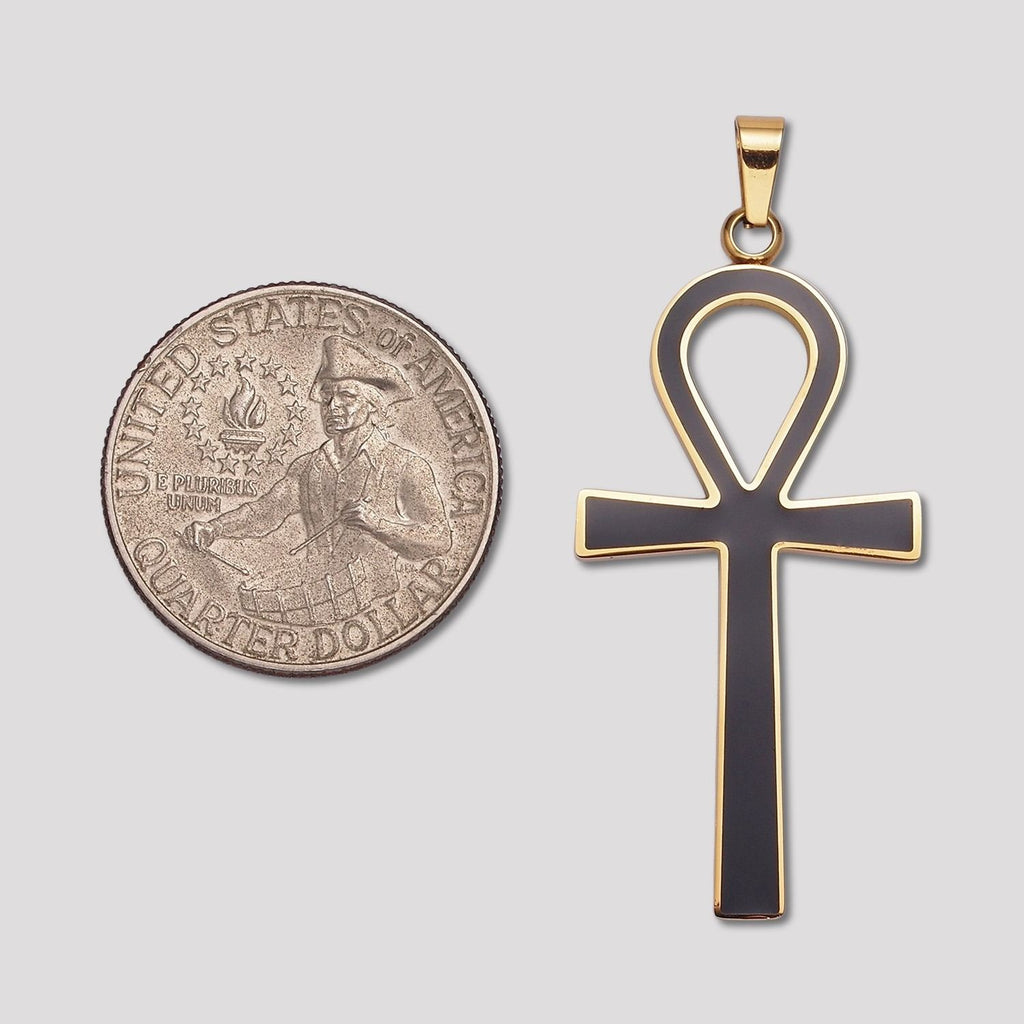 Launch Promo: 24K Gold PVD Stainless Steel Minimalist Black Enamel Ankh Cross Pendant in Gold & Silver | Sold Each