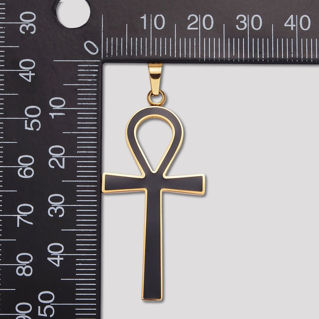 Launch Promo: 24K Gold PVD Stainless Steel Minimalist Black Enamel Ankh Cross Pendant in Gold & Silver | Sold Each