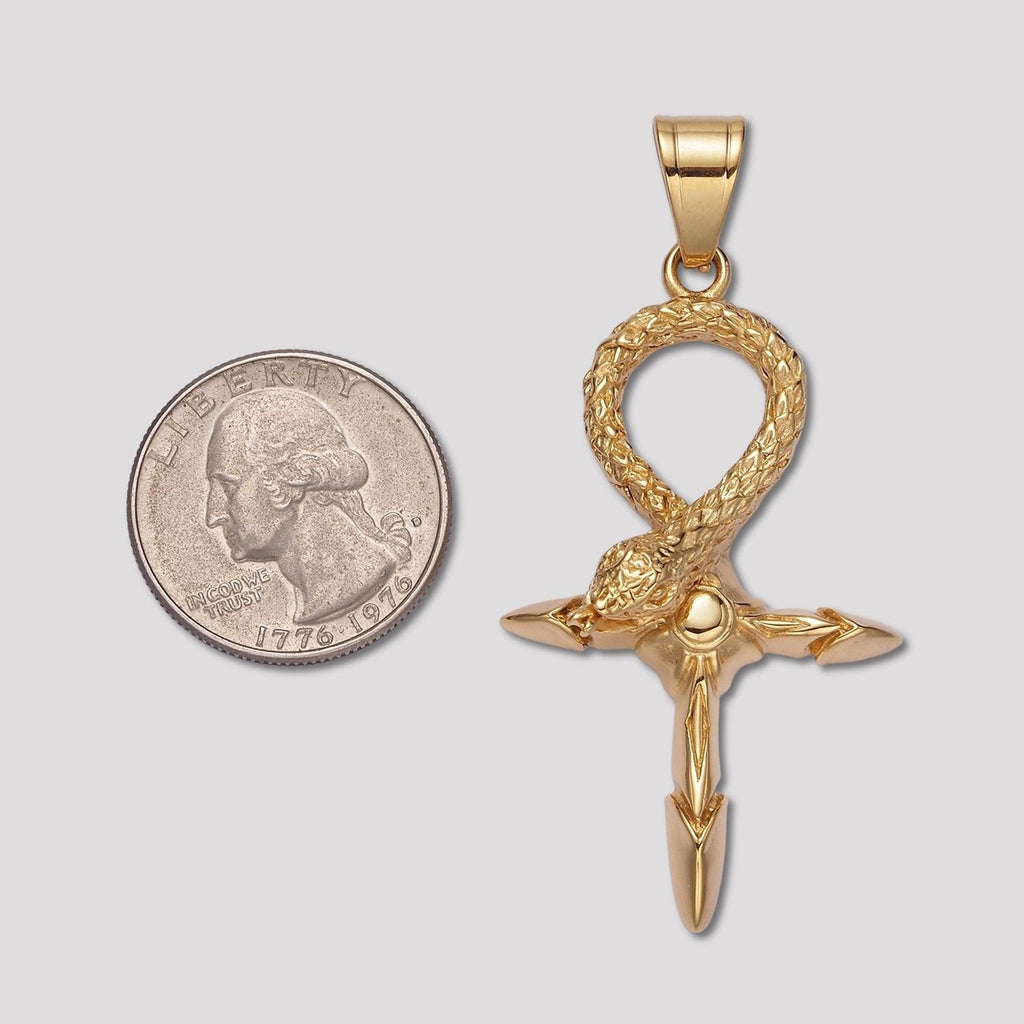 Launch Promo: 24K Gold PVD Stainless Steel Textured Serpent Ankh Sword Cross Pendant | Sold Each