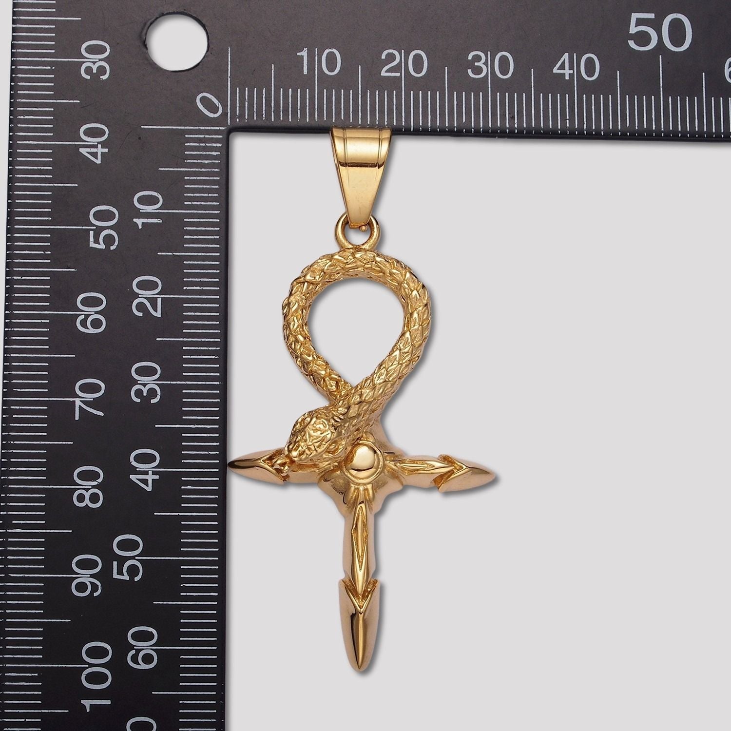 Launch Promo: 24K Gold PVD Stainless Steel Textured Serpent Ankh Sword Cross Pendant | Sold Each