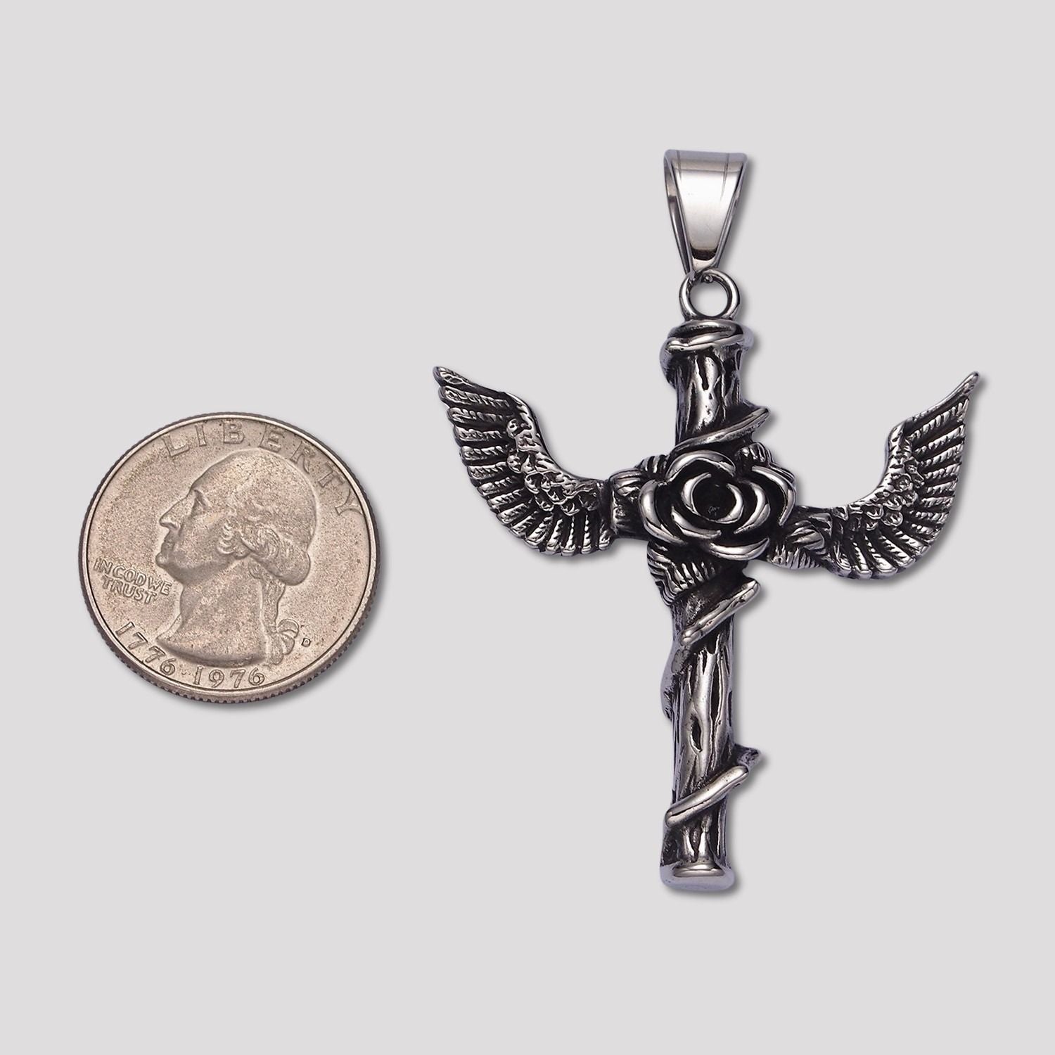 Launch Promo: Stainless Steel Gothic Angel Rose Cross Pendant | Sold Each