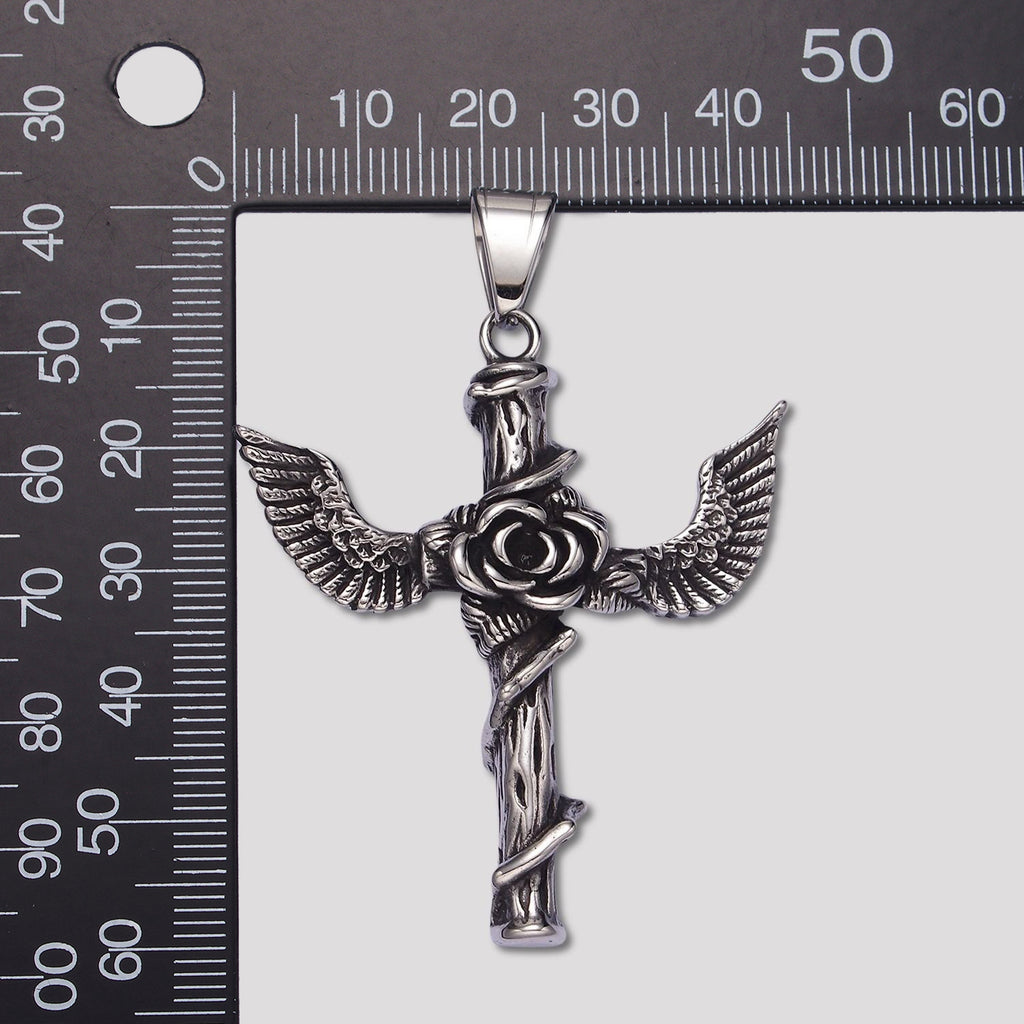 Launch Promo: Stainless Steel Gothic Angel Rose Cross Pendant | Sold Each