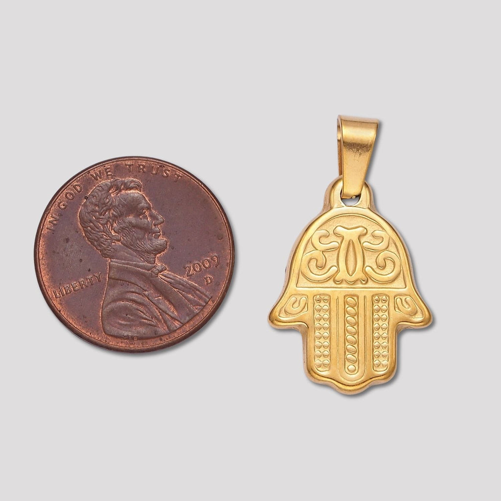 Launch Promo: 24K Gold PVD Stainless Steel Textured Hamsa Hand Protection Pendant | Sold Each