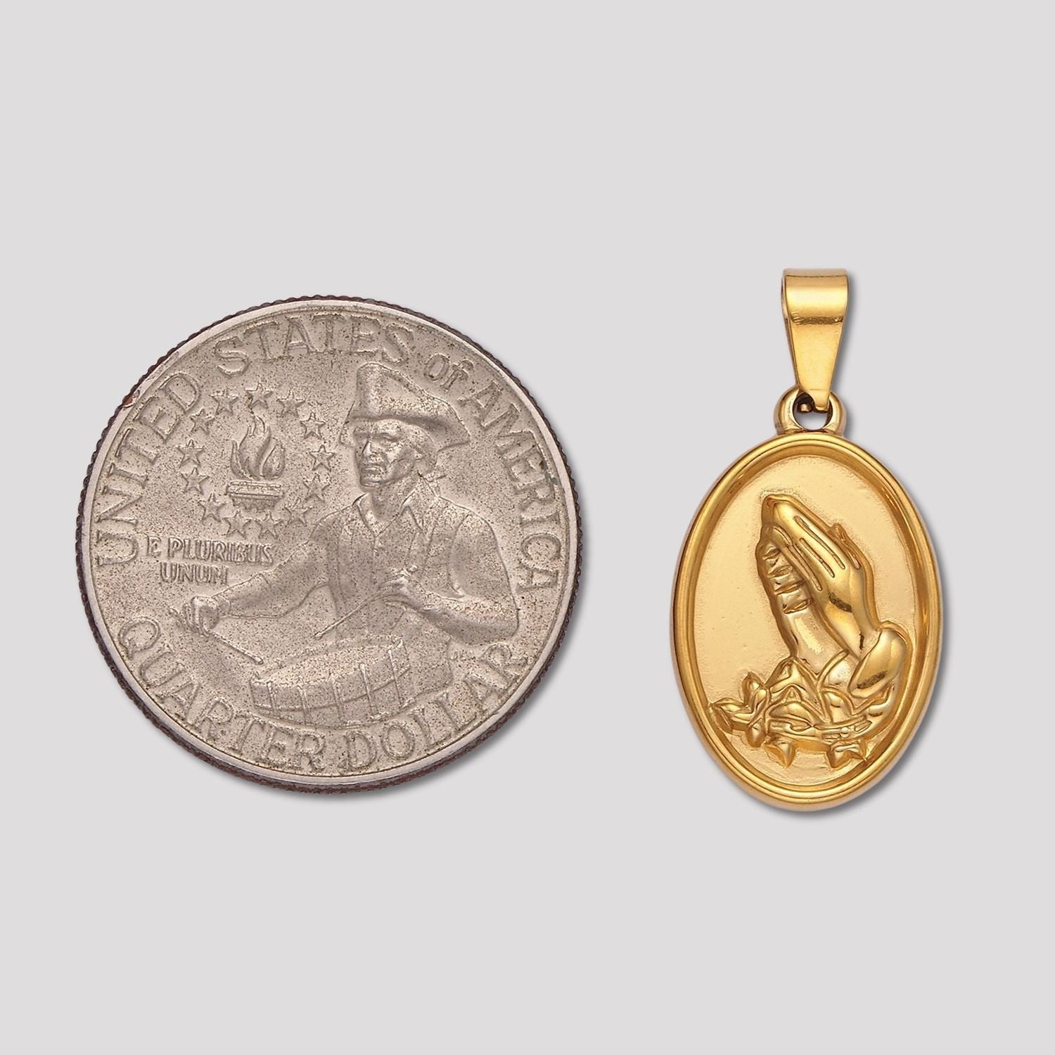Launch Promo: 24K Gold PVD Stainless Steel Praying Hands Oval Medallion Pendant | Sold Each