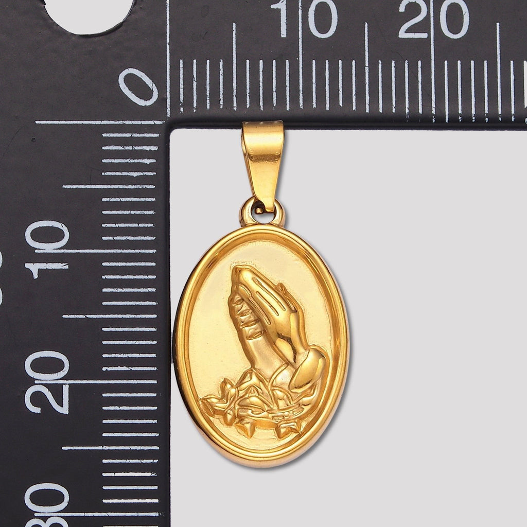 Launch Promo: 24K Gold PVD Stainless Steel Praying Hands Oval Medallion Pendant | Sold Each