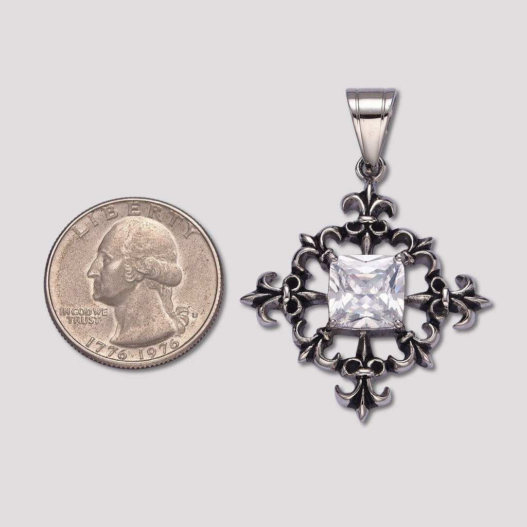 Launch Promo: Stainless Steel Pear Cut CZ Gothic Fleur-de-lis Shield Pendant | Sold Each