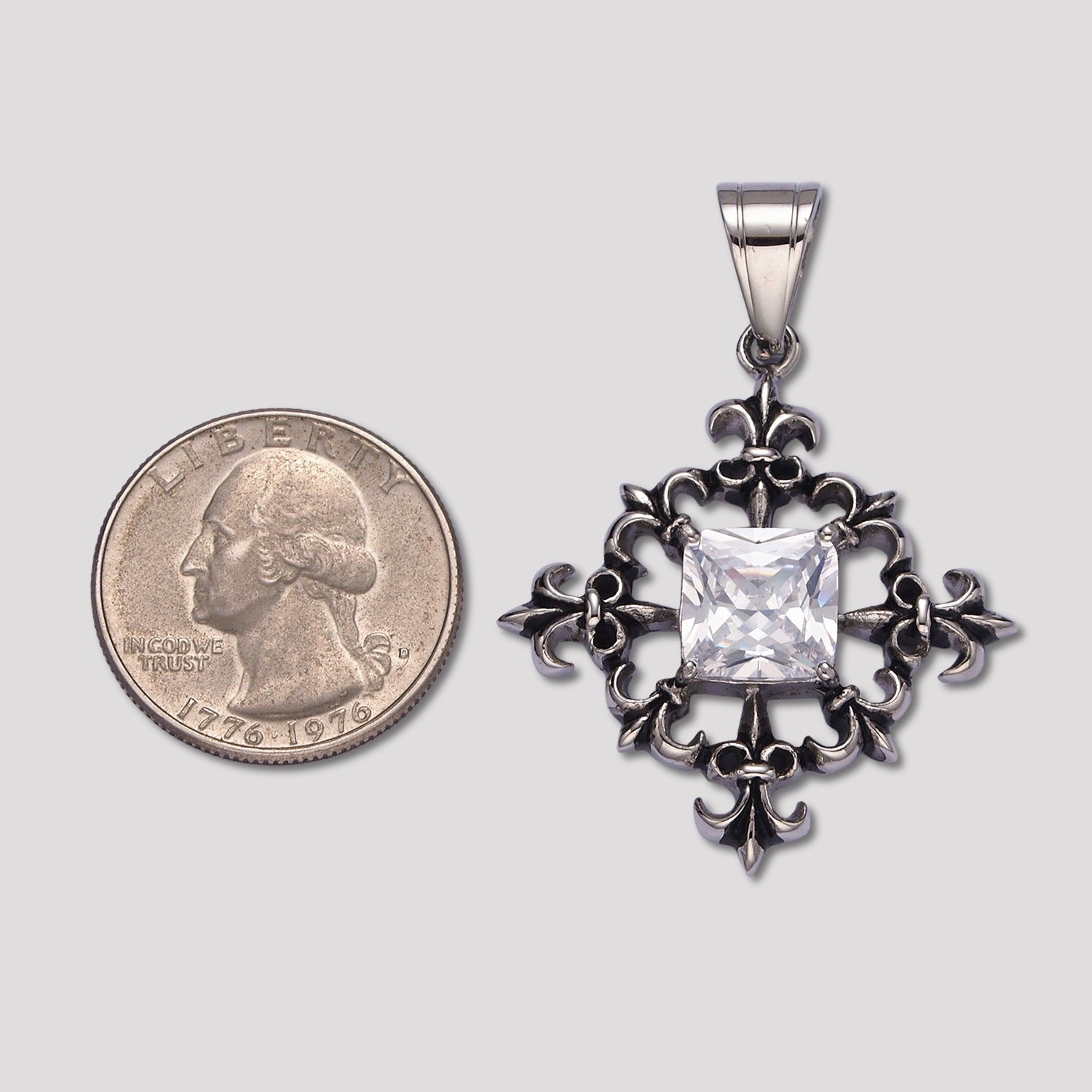 Launch Promo: Stainless Steel Pear Cut CZ Gothic Fleur-de-lis Shield Pendant | Sold Each