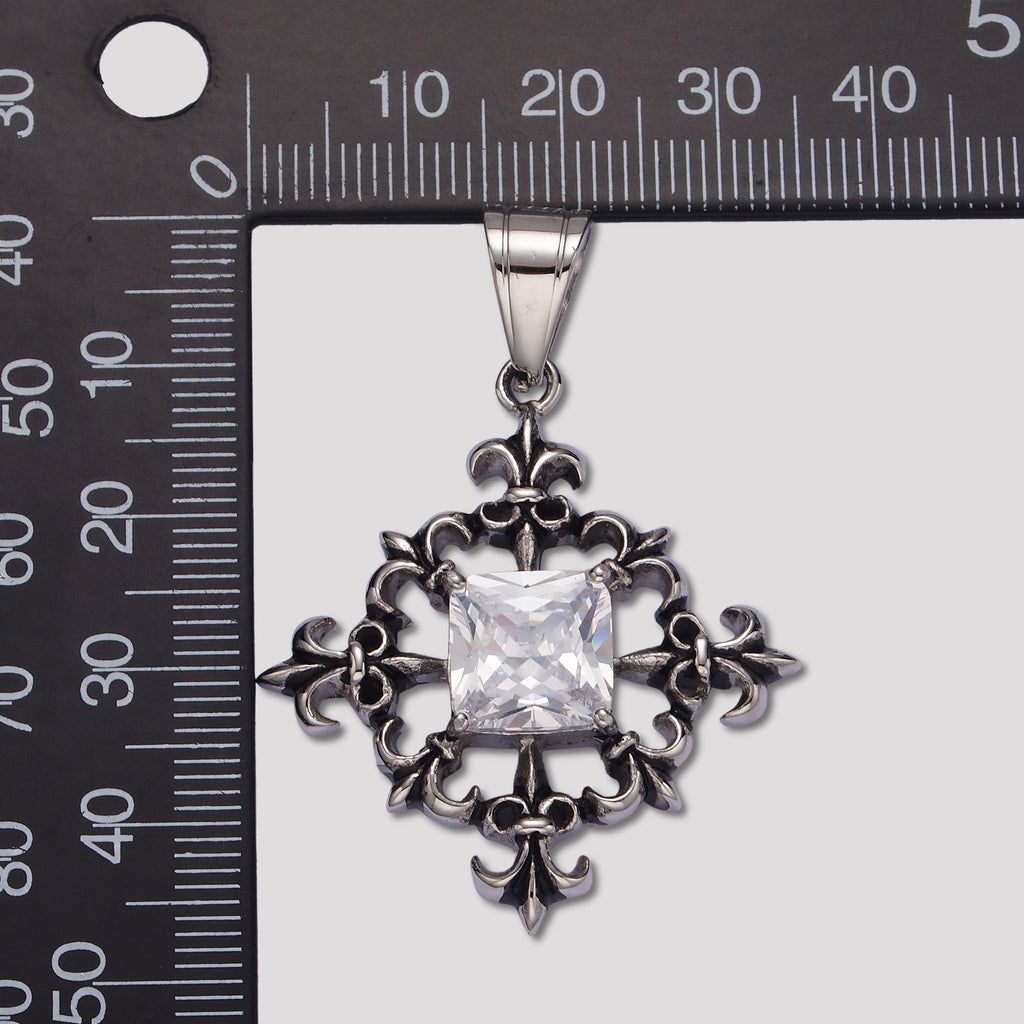 Launch Promo: Stainless Steel Pear Cut CZ Gothic Fleur-de-lis Shield Pendant | Sold Each