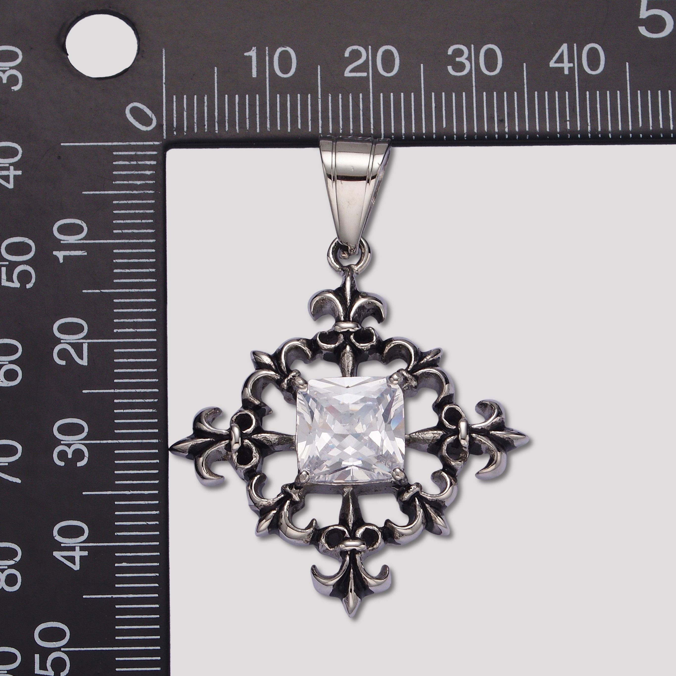Launch Promo: Stainless Steel Pear Cut CZ Gothic Fleur-de-lis Shield Pendant | Sold Each