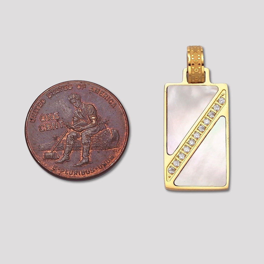 Launch Promo: 24K Gold PVD Stainless Steel Mother Of Pearl Micro Paved CZ Rectangular Geometric Pendant | Sold Each