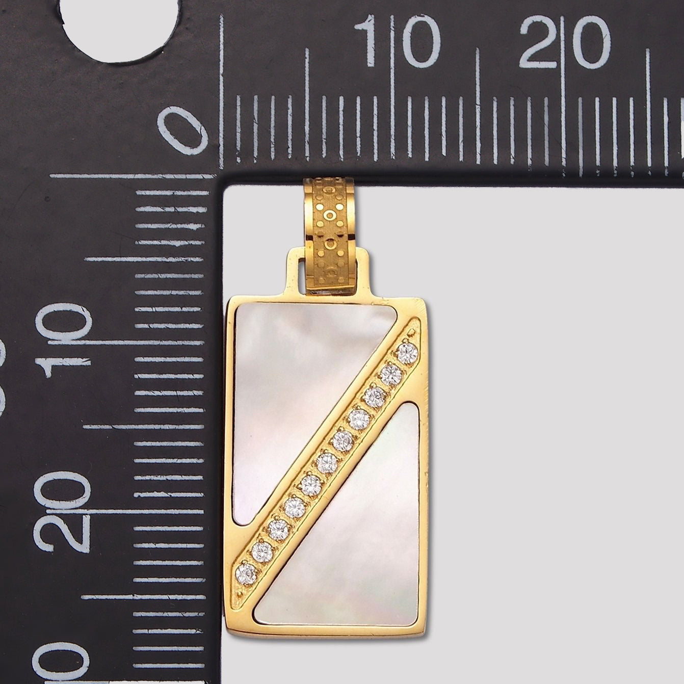 Launch Promo: 24K Gold PVD Stainless Steel Mother Of Pearl Micro Paved CZ Rectangular Geometric Pendant | Sold Each