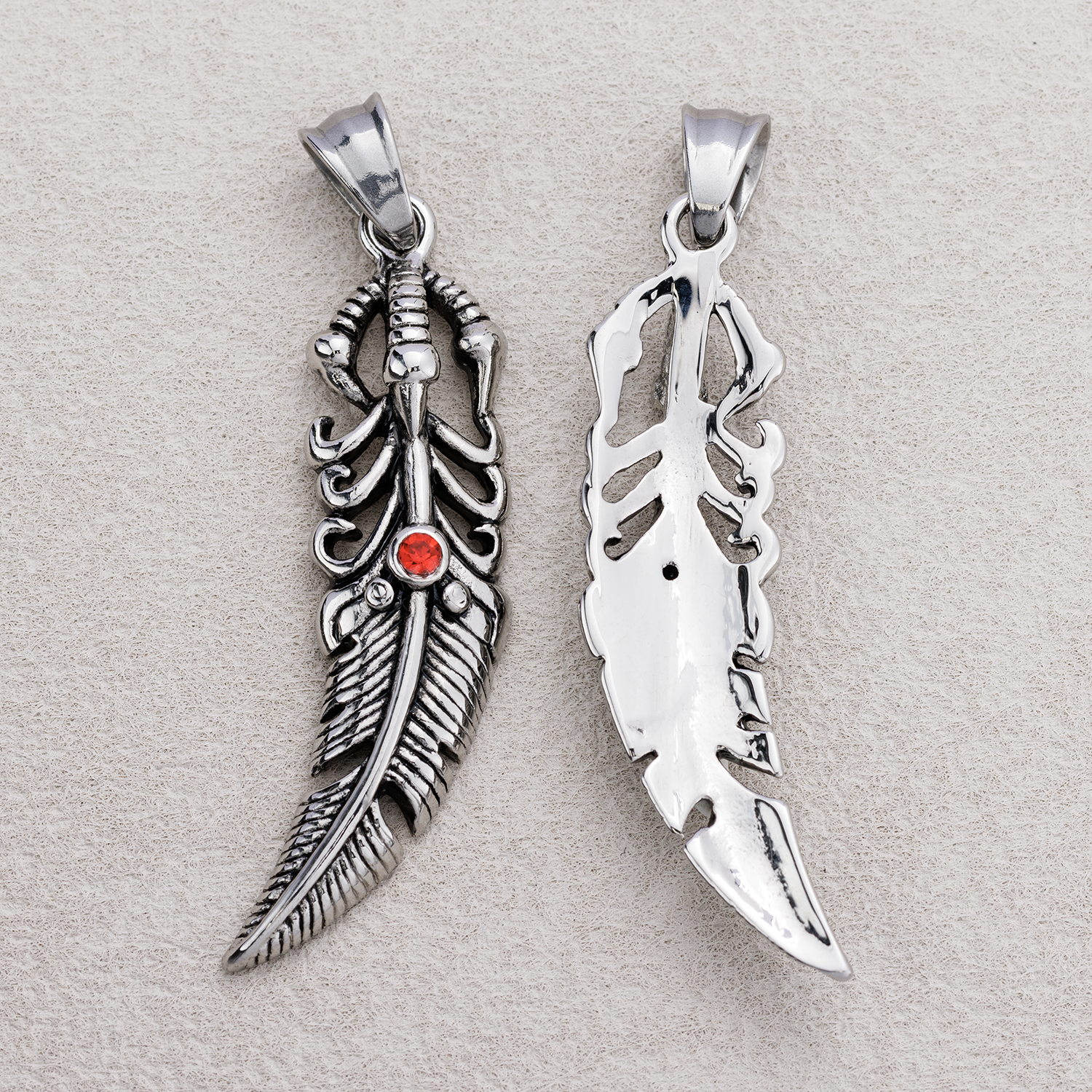 Launch Promo: Stainless Steel Red Solitaire Bohemian Feather Pendant | Sold Each