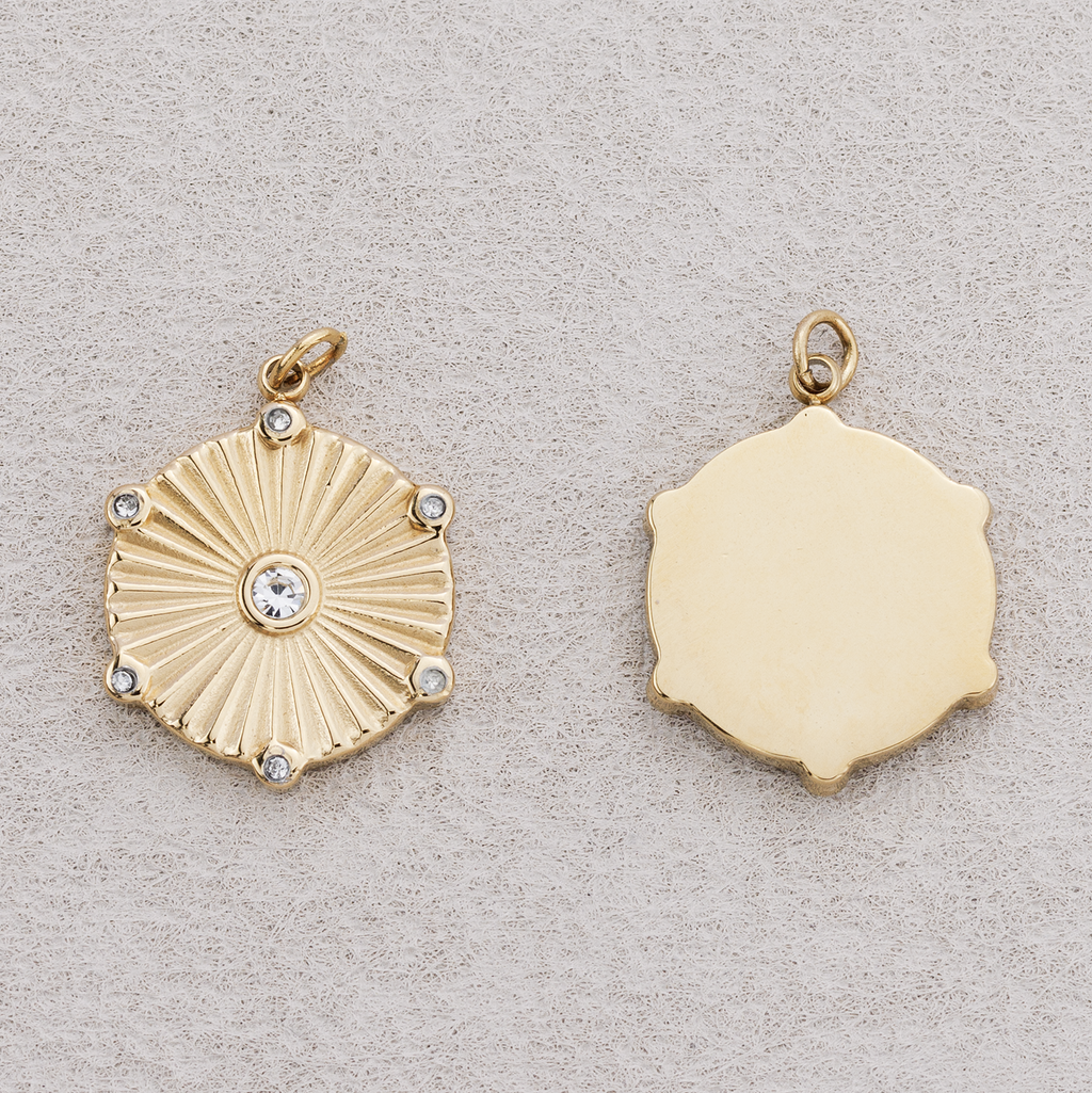 Launch Promo: Gold PVD Stainless Steel Sunburst Hexagon Medallion Pendant | Sold Each