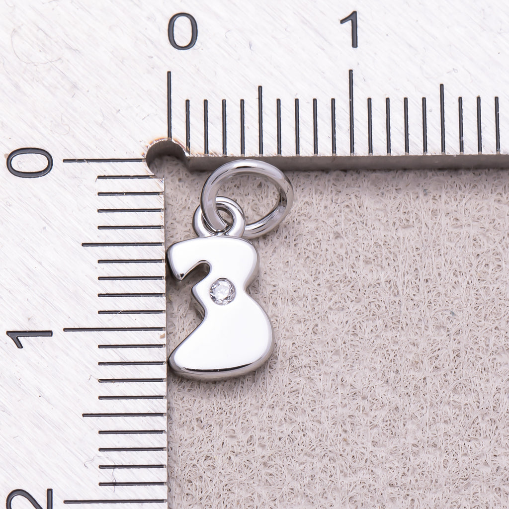 Rhodium Plated Solitaire CZ Puffy Balloon Number Charm (0-9) - Sold Each