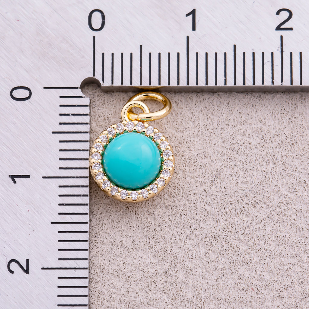 18K Gold Plated Micro Paved CZ Turquoise Natural Gemstone Mini Round Charm - Sold Each