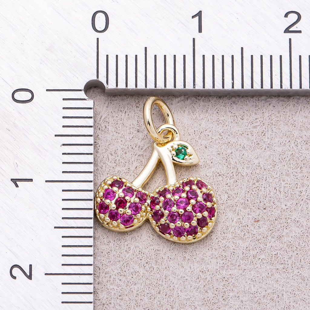 16K Gold Plated Micro Paved CZ Purple Sweet Cherry Fruit Charm - Sold Each
