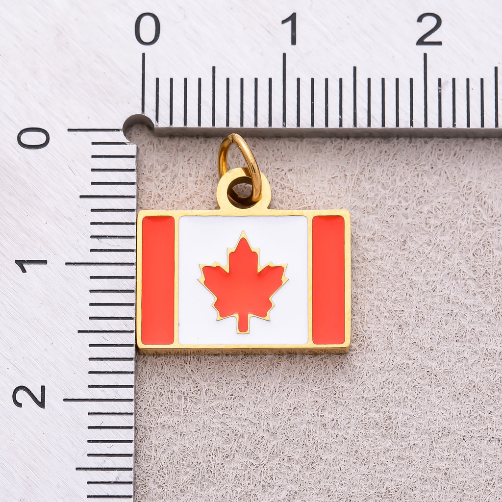 Gold PVD Stainless Steel Red & White Enamel Tag Canada Flag Charm