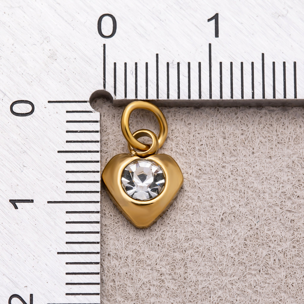 Gold PVD Stainless Steel Round CZ Tiny Bezel Cut Heart Shaped Charm