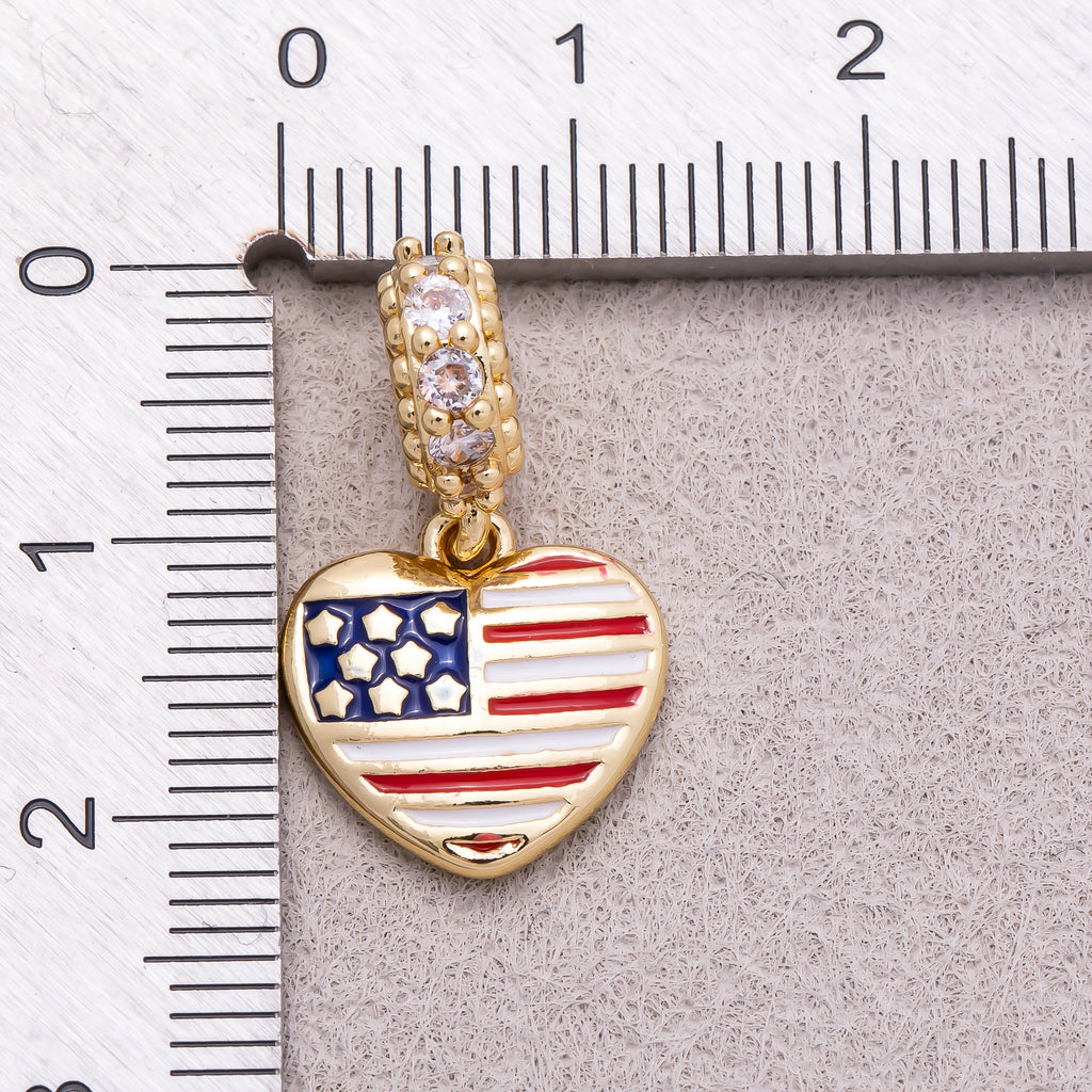 16K Gold Plated Micro Paved CZ Puffy Heart USA Flag Enamel Pendant - Sold Each