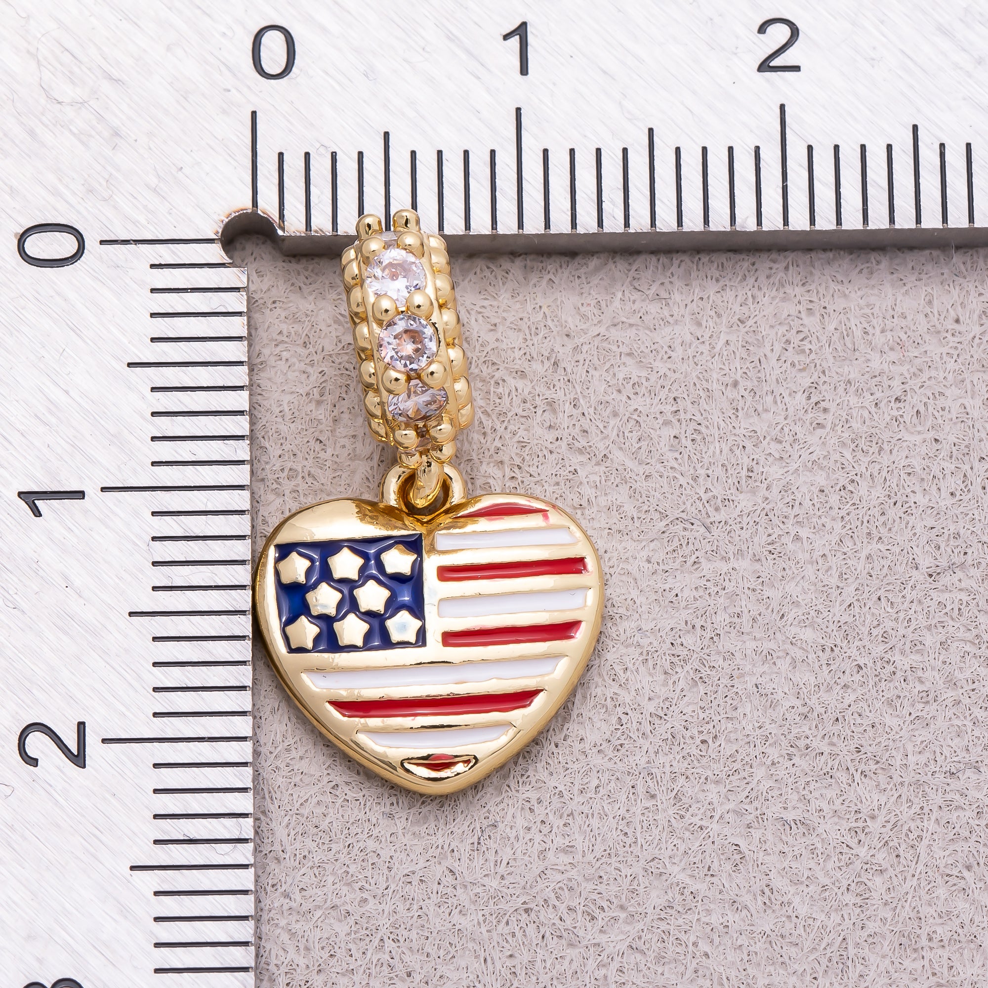 16K Gold Plated Micro Paved CZ Puffy Heart USA Flag Enamel Pendant - Sold Each