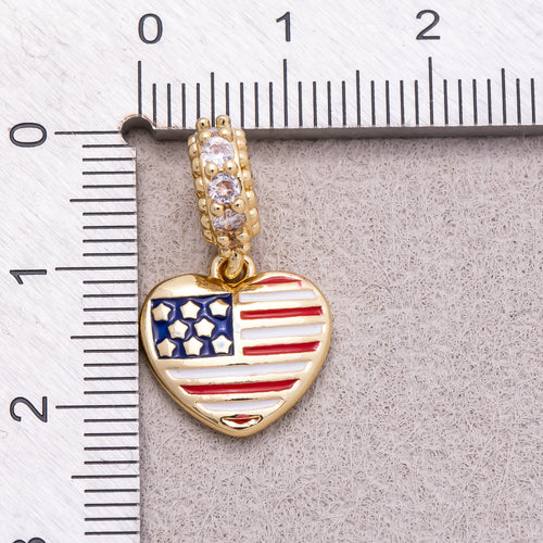 16K Gold Plated Micro Paved CZ Puffy Heart USA Flag Enamel Pendant - Sold Each