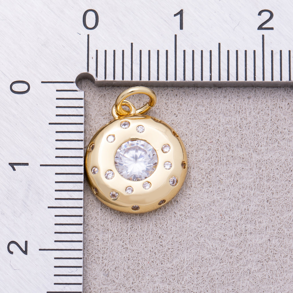 16K Gold Plated Round Beaded CZ Medallion Charm - Sold Each