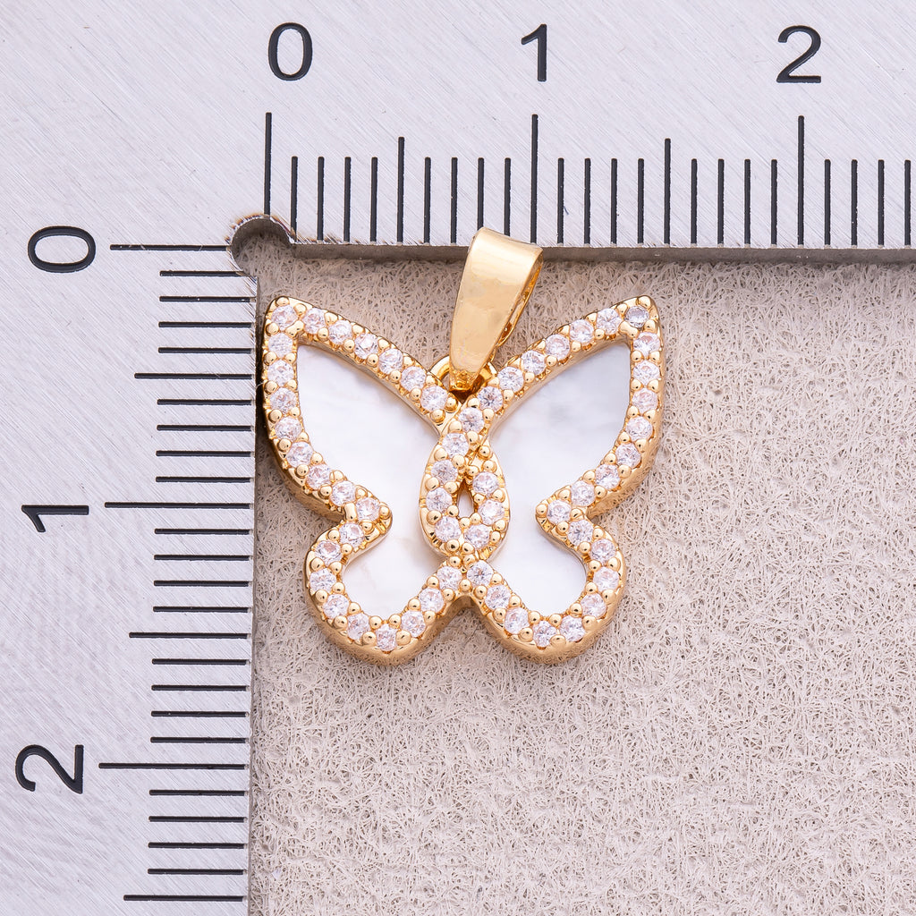 18K Gold Plated Mini Micro Paved CZ Mother of Pearl Butterfly Mariposa Animal Pendant - Sold Each