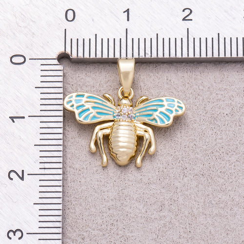 16K Gold Plated Clear CZ Blue Enamel Bumble Bee Animal Pendant - Sold Each