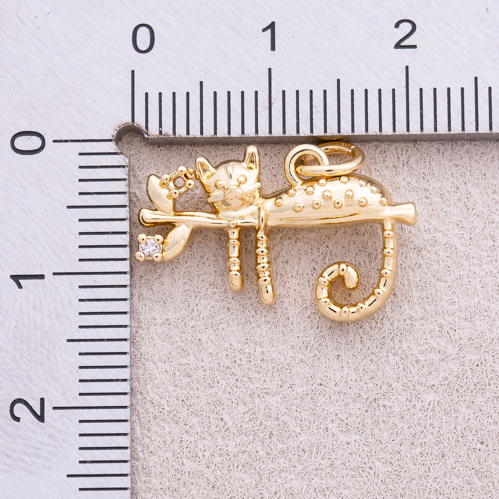 16K Gold Plated Clear CZ Textured Kitty Pet Charm - Sold Each